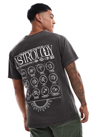 Astrology Front And Back Print Washed T-Shirt
