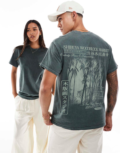 Shibuya Woodblock Market Front And Back Print Washed T-Shirt