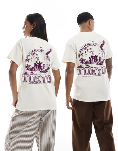 Tokyo Crane Front And Back Print Washed T-Shirt