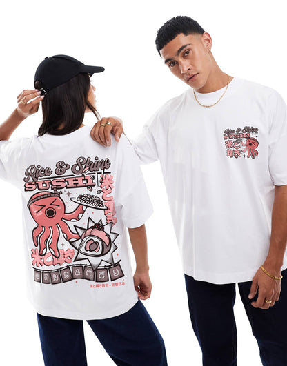 Rice And Shine Sushi Front And Back Print Oversized T-Shirt