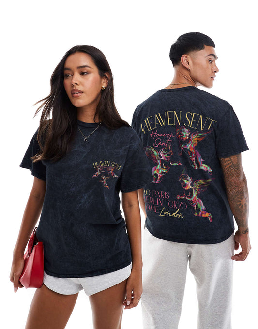 Heaven Sent Chalkboard Front And Back Print Washed T-Shirt