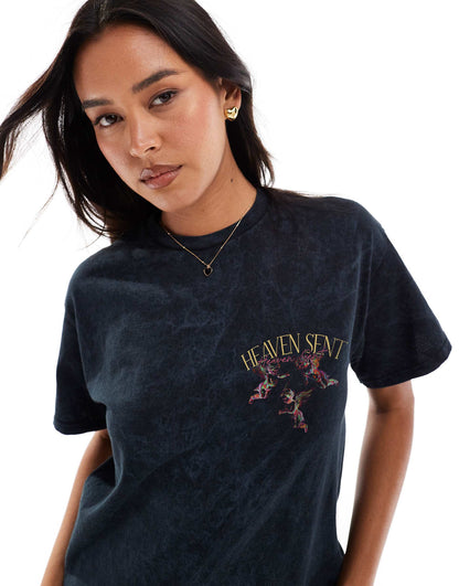 Heaven Sent Chalkboard Front And Back Print Washed T-Shirt