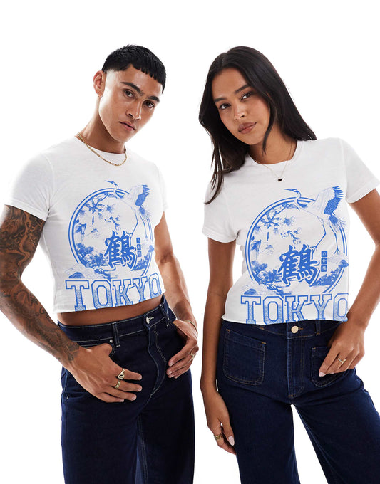 Tokyo Crane Crop Front Print Crop T-Shirt