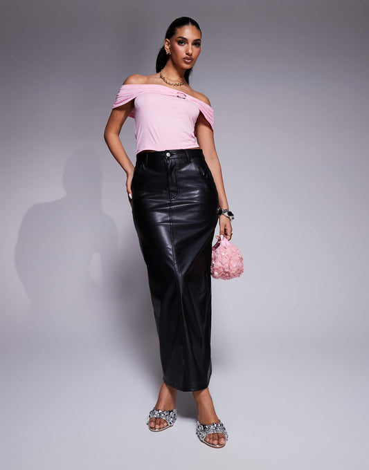 Denim Faux Leather Maxi Skirt With Back Slit