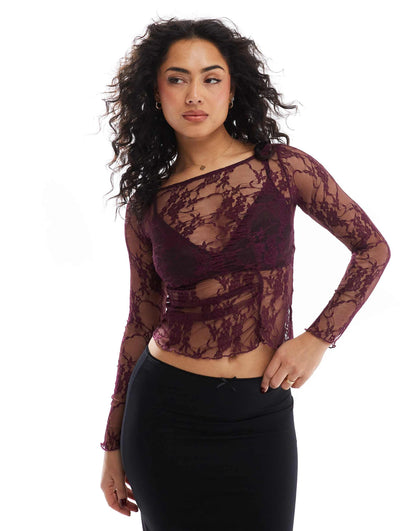 Long Sleeve Lace Top With Asymmetic Seam Detail