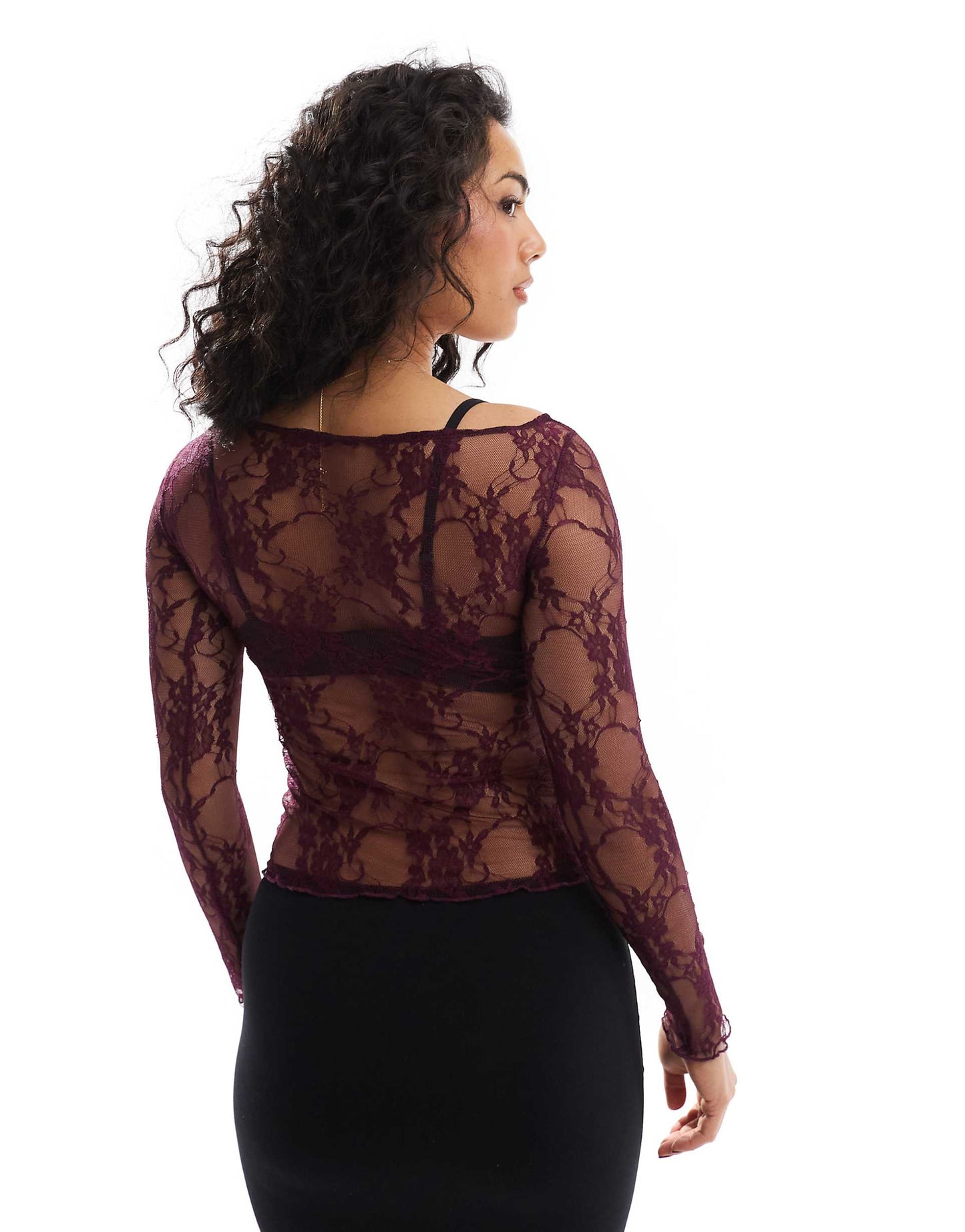 Long Sleeve Lace Top With Asymmetic Seam Detail