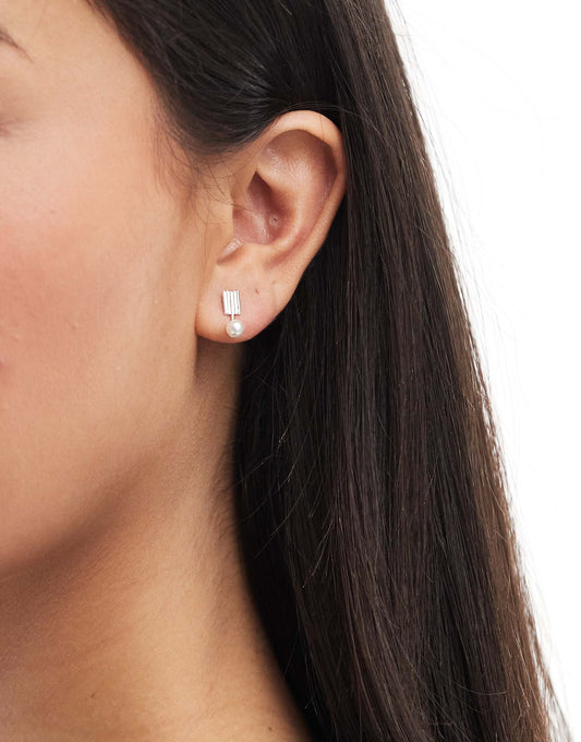 Gemset Rectangle Stud Earring With Pearl Charm