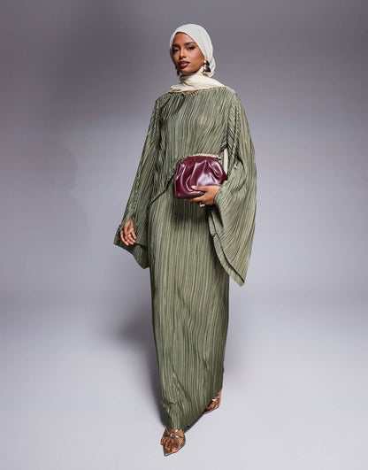 Long Sleeve Plisse Maxi Dress With Cape Sleeves