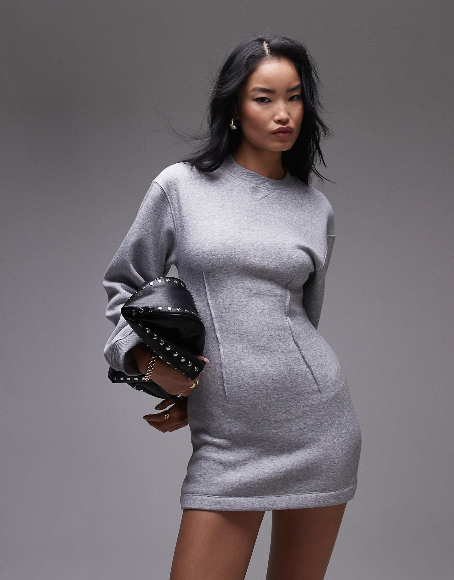 Cinched Waist Long Sleeve Jersey Mini Dress