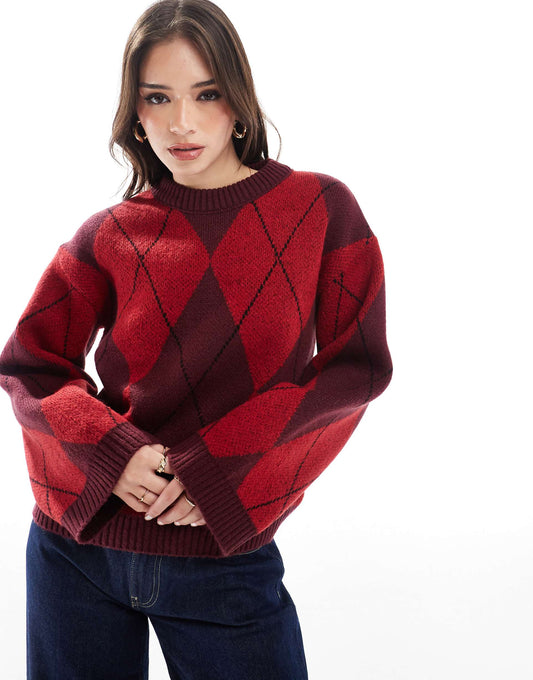 Knitted Fluffy Jumper With Argyle Pattern