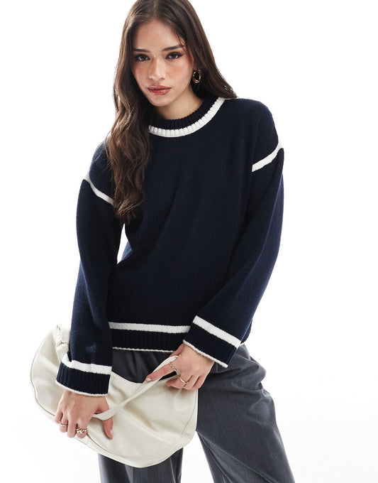 Knitted Jumper With Contrast Cream Seams Navy