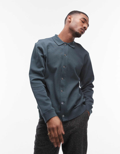 Textured Jersey Cardigan With Polo Collar