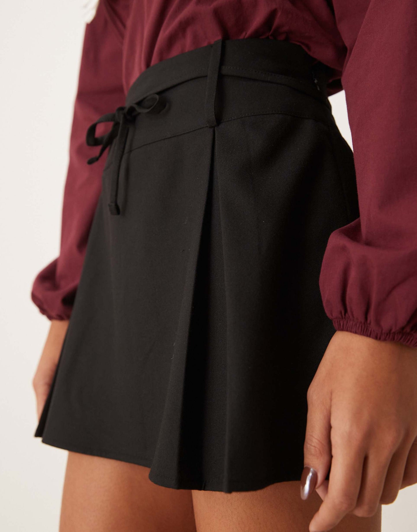 Tailored Box Pleat Tie Waist Mini Skirt