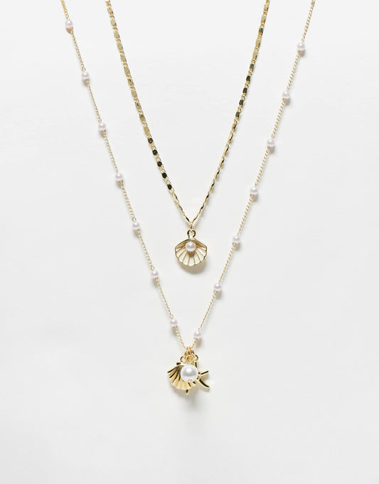 2 Pack Shell Pearl Detail Necklaces