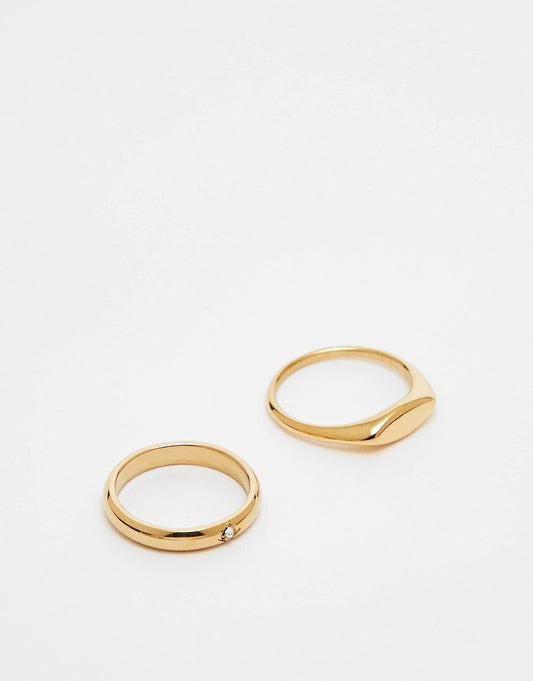 2 Pack Waterproof Stainless Steel Signet Rings With Crystal