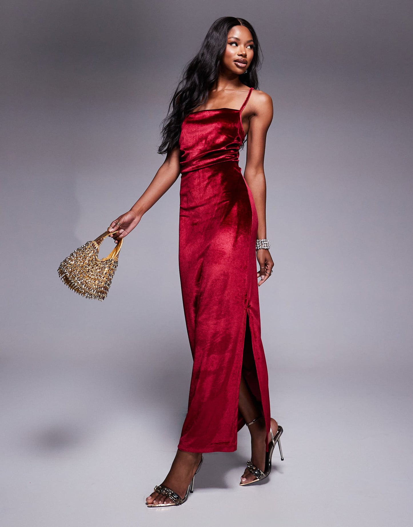 Velvet Maxi Dress With Gathered Side Seams