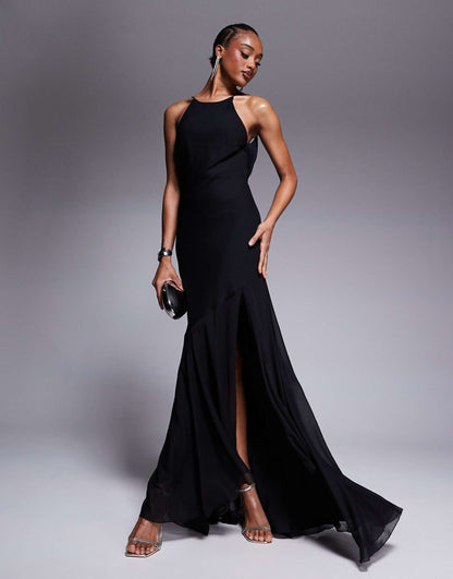 Tall Racer Neck Low Cowl Back Maxi Dress With High Low Frill Hem