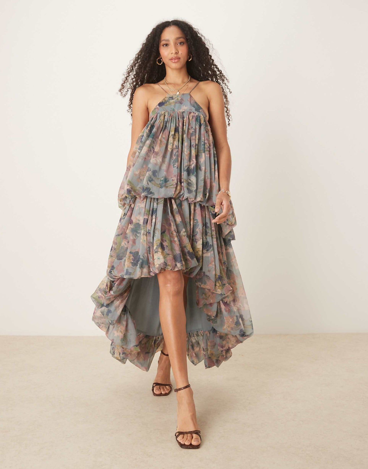 Extreme Double Puff Strappy Maxi Dress With High Low Hem