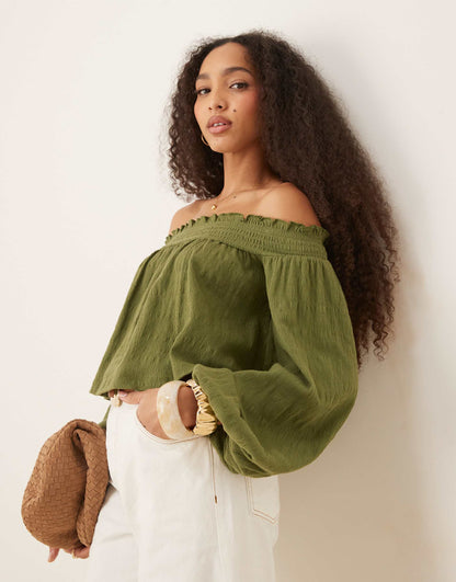 Crinkle Off Shoulder Balloon Sleeve Top