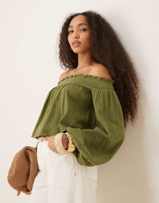 Crinkle Off Shoulder Balloon Sleeve Top