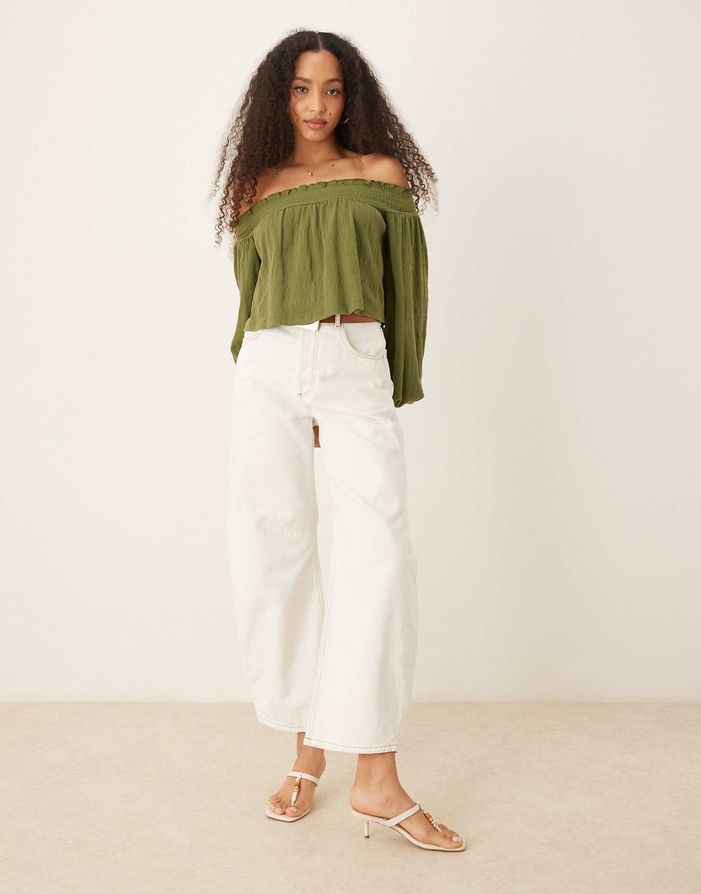 Crinkle Off Shoulder Balloon Sleeve Top
