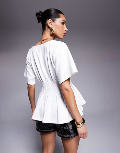 Interlock V Neck Tshirt With Pleated Waist