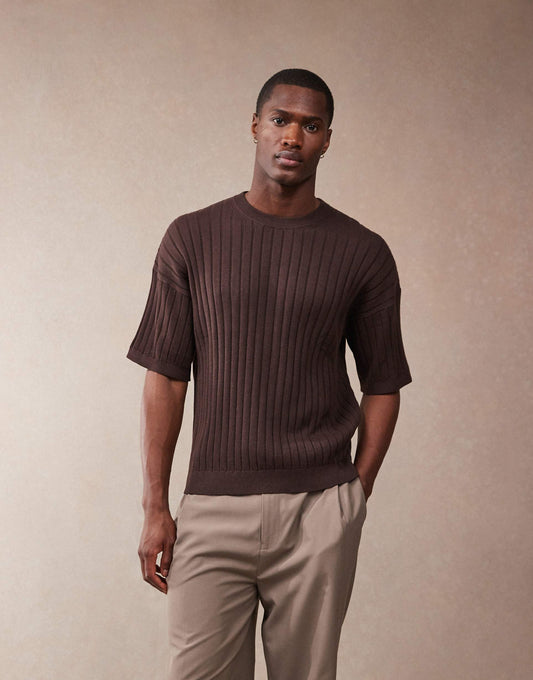 Relaxed Boxy Fit Knitted Rib T-Shirt
