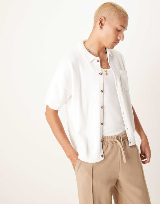 Relaxed Boxy Fit Midweight Knitted Cotton Button Through Polo