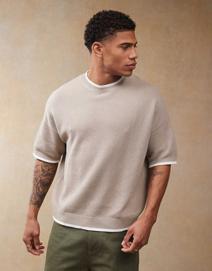 Oversized Boxy Fit Knitted Pique Crew Neck T-Shirt