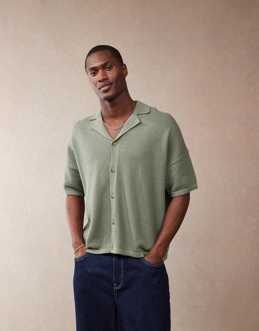 Oversized Boxy Fit Knitted Texture Revere Neck Button Through Polo