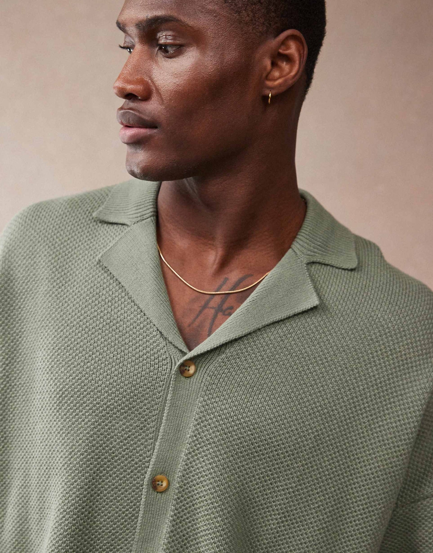 Oversized Boxy Fit Knitted Texture Revere Neck Button Through Polo