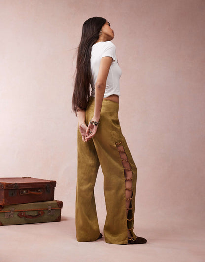 Tia Linen Pants With Bead Detailing