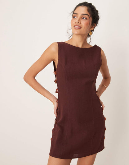 Tia Linen Mini Dress With Bead Detailing