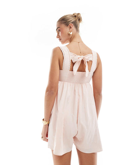 Exclusive Square Neck Lace Trim Bow Tie Back Floaty Playsuit