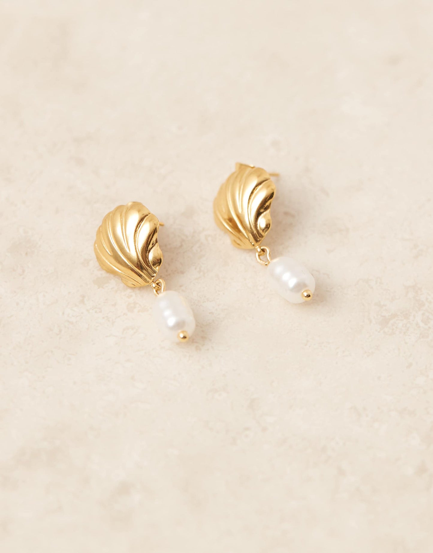 Stainless Steel 18Ct Gold Plated Shell And Pearl Drop Earrings