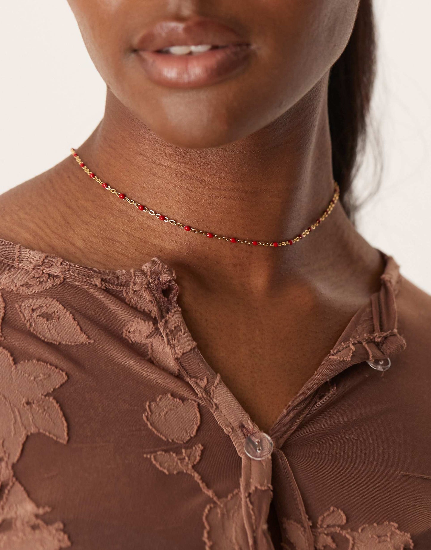 Stainless Steel 18Ct Gold Plated Enamel Red Beaded Choker Necklace