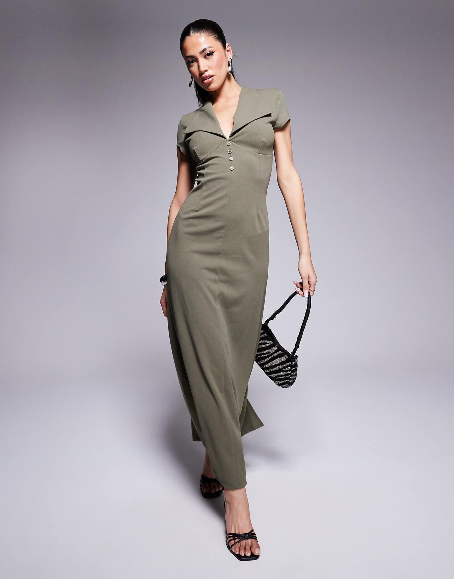 Scuba Cap Sleeve Collard Button Midi Dress