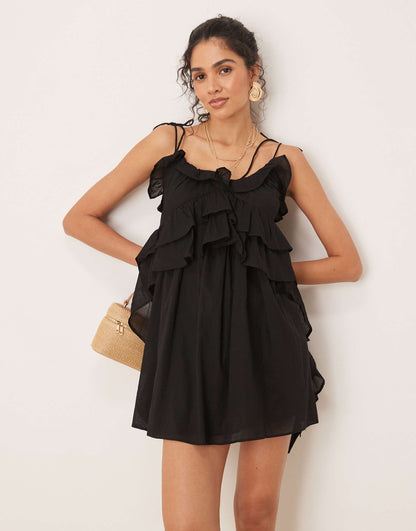 Scoop Neck Ruffle Mini Dress With Tie Straps