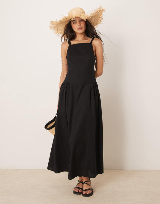 Square Neck Dropped Waist Midi Dress