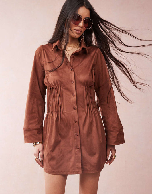 Suedette Shirt Mini Dress With Cinched Pleat Waist