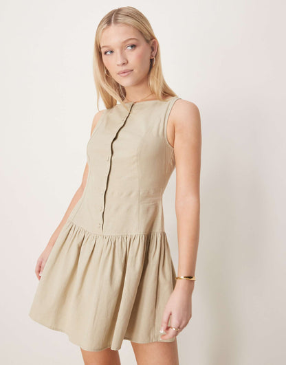 Slash Neck Button Down Dropped Waist Mini Dress