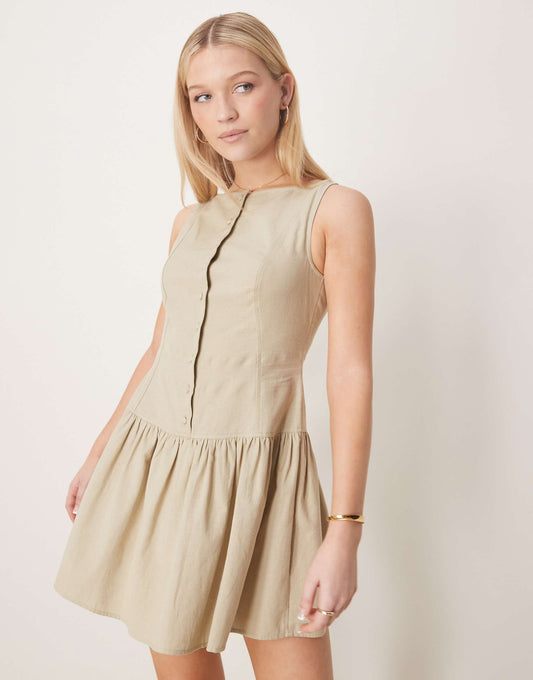 Slash Neck Button Down Dropped Waist Mini Dress