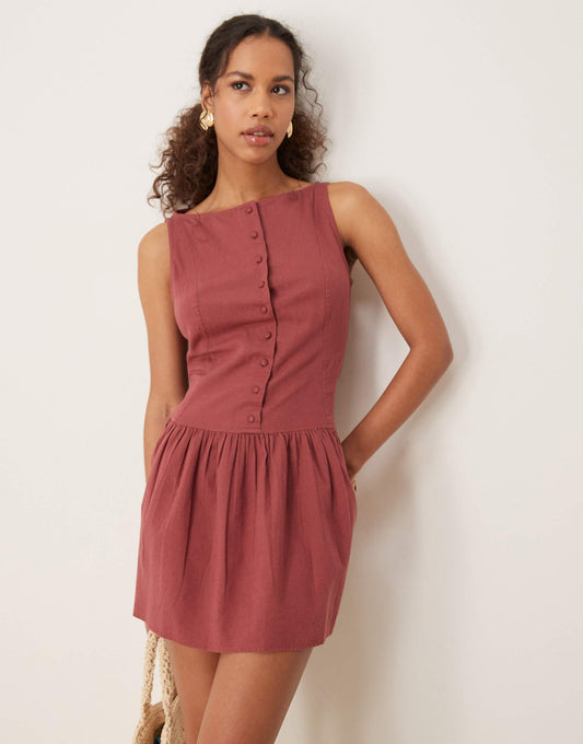 Slash Neck Button Down Dropped Waist Mini Dress