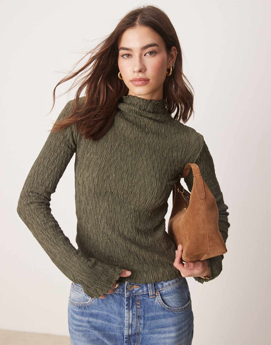 Textured Funnel Neck Long Sleeve Top