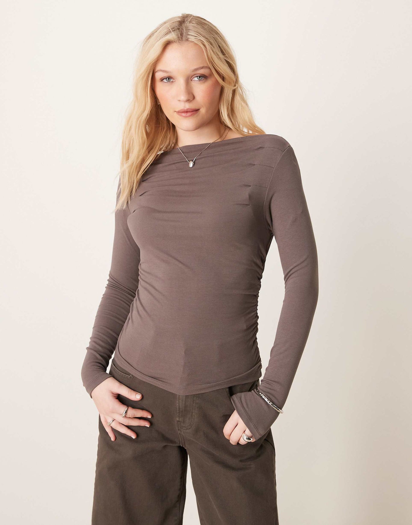 Long Sleeve Boat Neck Ruched Top