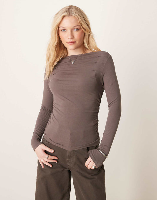 Long Sleeve Boat Neck Ruched Top