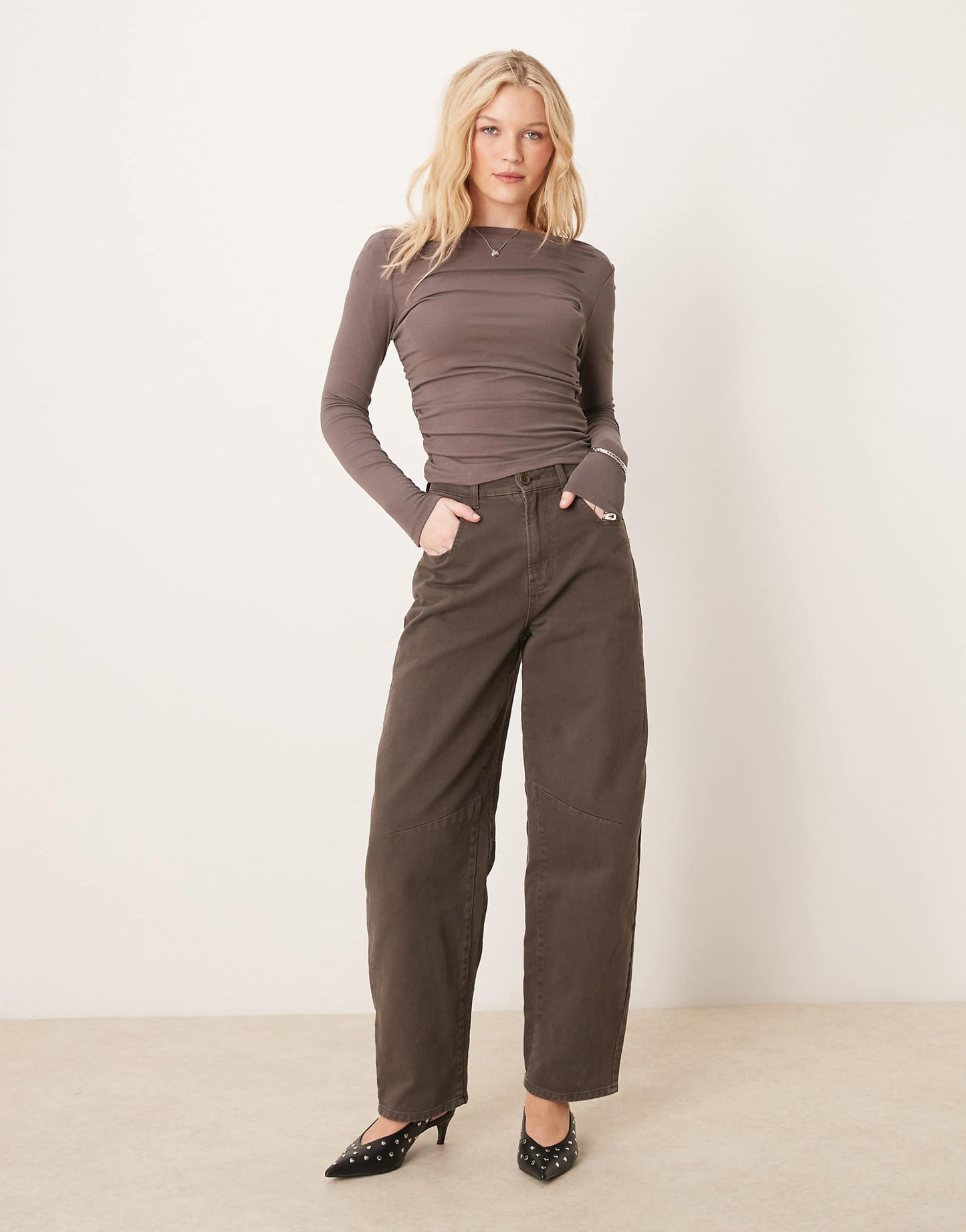 Long Sleeve Boat Neck Ruched Top