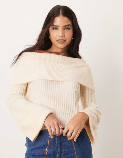 Wide Cuff Bardot Knitted Jumper