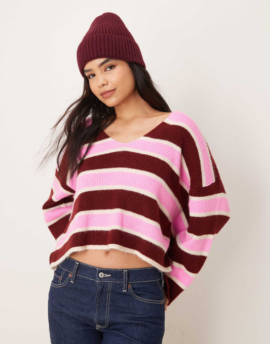 Burgundy Stripe V Neck Jumper