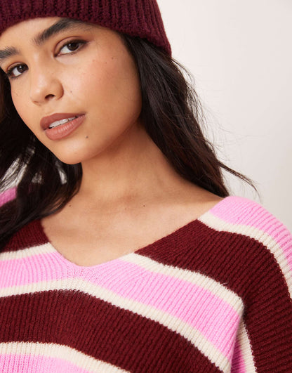 Burgundy Stripe V Neck Jumper